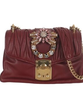♥️Miu Miu Burgundy Leather Shoulder Bag with Crystal Floral Brooch♥️